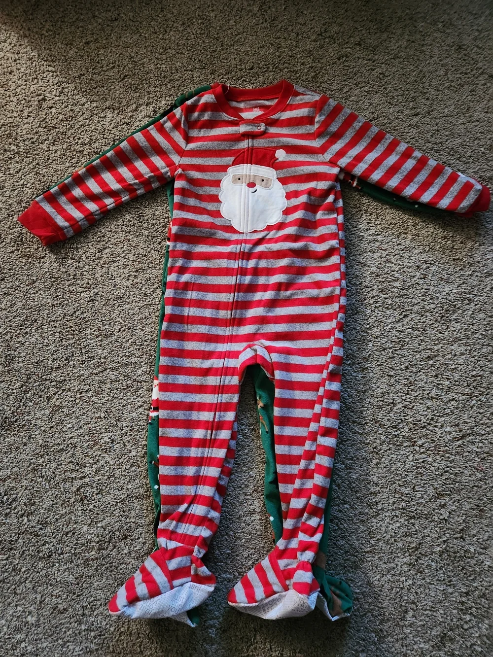 Set Of 2 Kids Green Santa & Reindeer One-Piece Pajamas For Toddler Size 4T